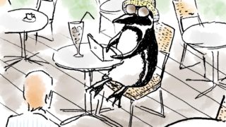 【はぴもりのイラスト005】「パリのカフェで仕事するペンギン」