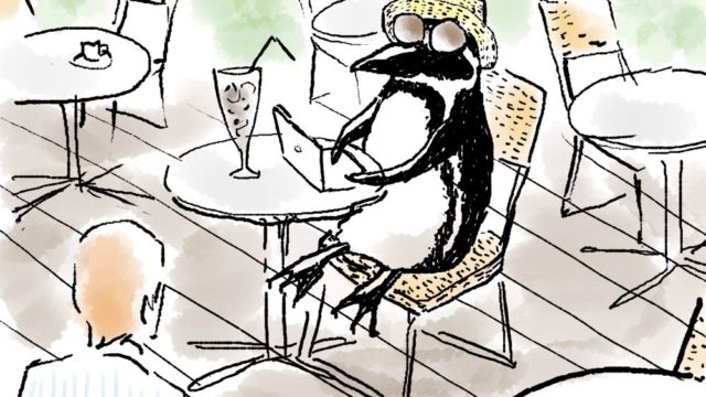 【はぴもりのイラスト005】「パリのカフェで仕事するペンギン」
